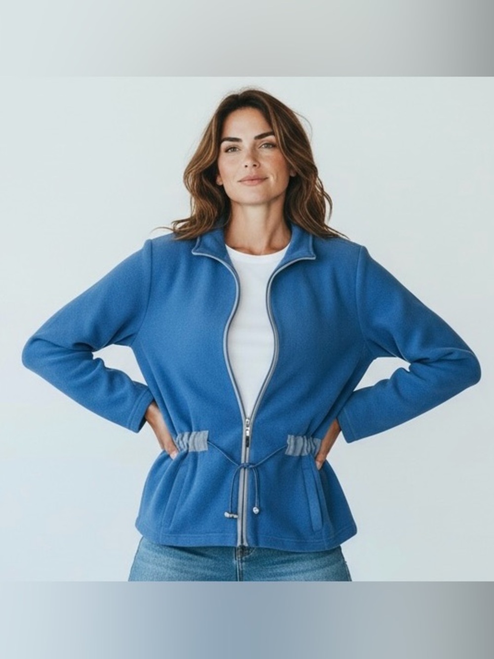 Talbots Petites Large Blue Polartec Fleece Full Zip Cinched Waist Jacket